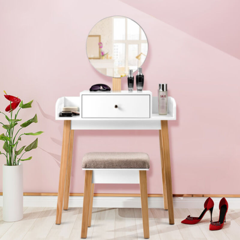Wooden Makeup Dressing Mirror Table Set with Drawer