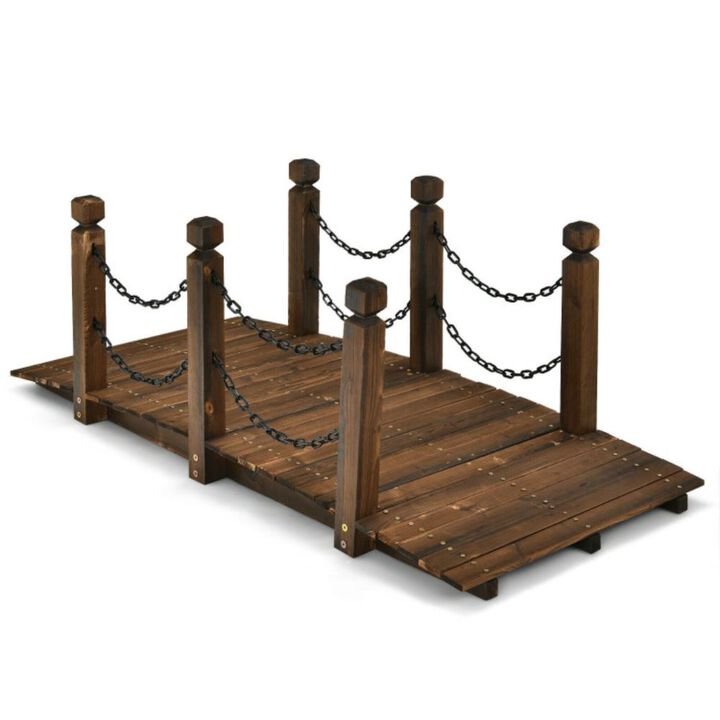 Hivvago 5 Feet Wooden Garden Bridge Arc Footbridge Stained Finish Walkway with Safety Rails
