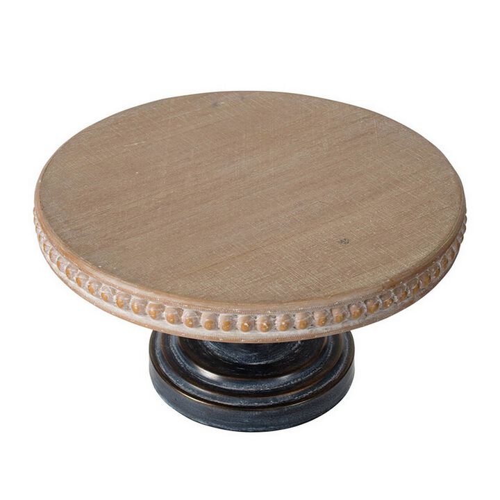 Marrie 14 Inch Round Decorative Tray, Black Iron Padestal Base, Wood Top - Benzara