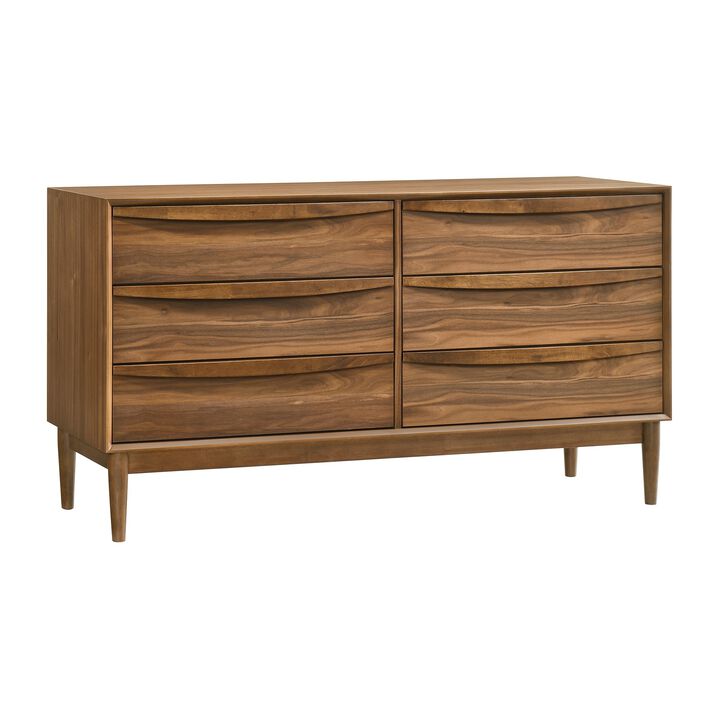 Mian 55 Inch Wide Dresser, 6 Drawer, Linear Undercut Handle, Walnut - Benzara