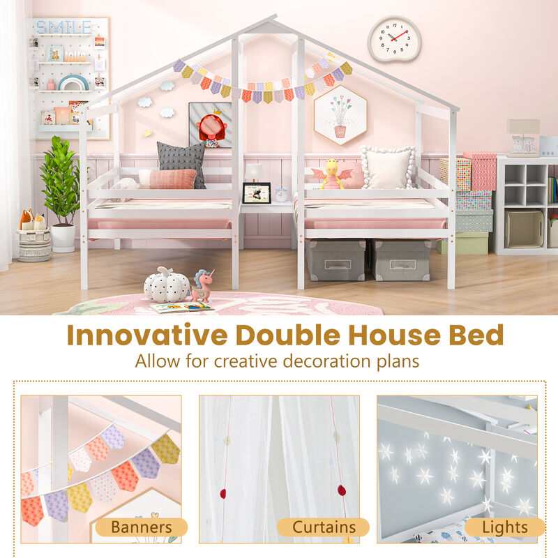 Double Twin Size Wooden Bed Frames with Built-in Table for Kids