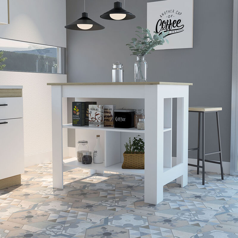 Streamdale Cala Kitchen Island, Four Legs, Three Shelves - White Light Oak