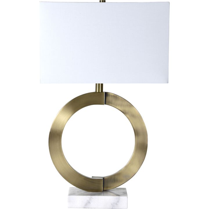 27" Antique Brass Circular Table Lamp with White Drum Shade
