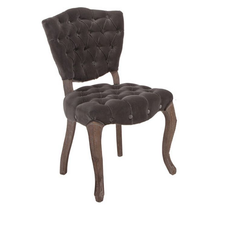 Jette Dining Chair Set of 2, Charcoal Gray Tufted Velvet, Brown Wood - Benzara