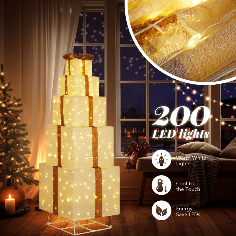 Lighted Gift Box Tower Festive Pre-Lit Stackable Decor for Christmas & Holiday Displays