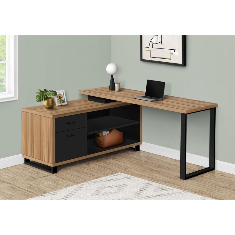 Computer Desk, Home Office, Corner, Storage Drawers, 72"L, L Shape, Work, Laptop, Metal, Laminate, Brown, Black, Contemporary, Modern