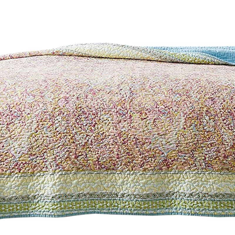Denver 3 Piece Queen Cotton Quilt Set with Fern Branches Print, Multicolor - Benzara
