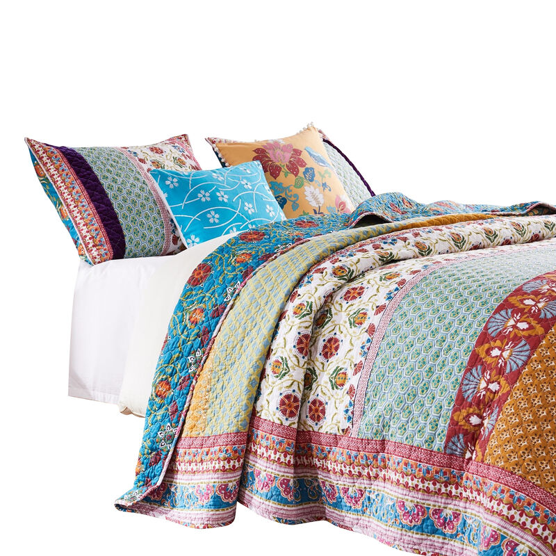 Sama 5 Piece Reversible Full Quilt Set, Floral Print Patterns, Multicolor - Benzara