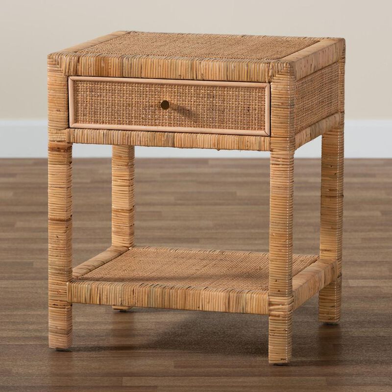 Bali & Pari Bohemian Natural Rattan And Mahogany Wood 1-Drawer Nightstand