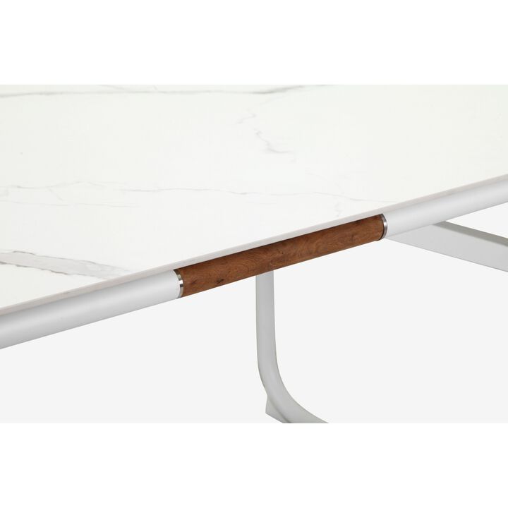 Shia 87 Inch Dining Table, Ceramic Surface, Crisp White Aluminum Frame - Benzara