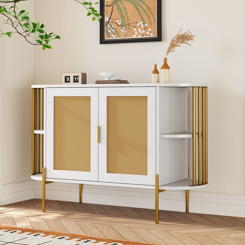 Clihome 2-Door Elegant Curved Dining Cabinet with Gold Trim and Woven Rattan Doors for Dining Room (White)