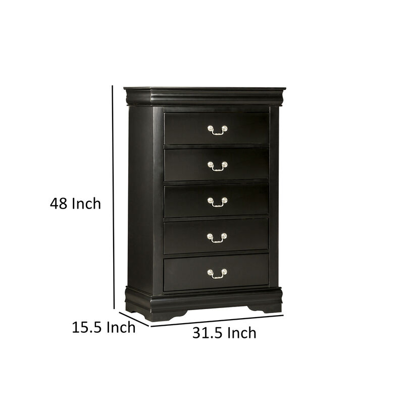 Ryla Tall Dresser Chest, 5 Drawers, Nickel Metal Handles, Black Solid Wood