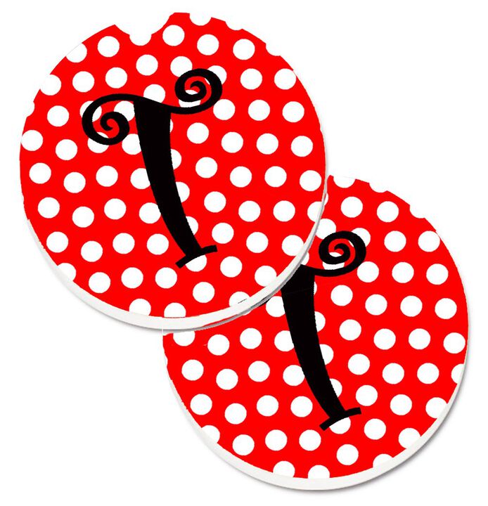 Caroline's Treasures Monogram - Initial T Red black Polka Dots Set of 2 Cup Holder Car Coasters CJ1012-TCARC, 2.56, Multicolor