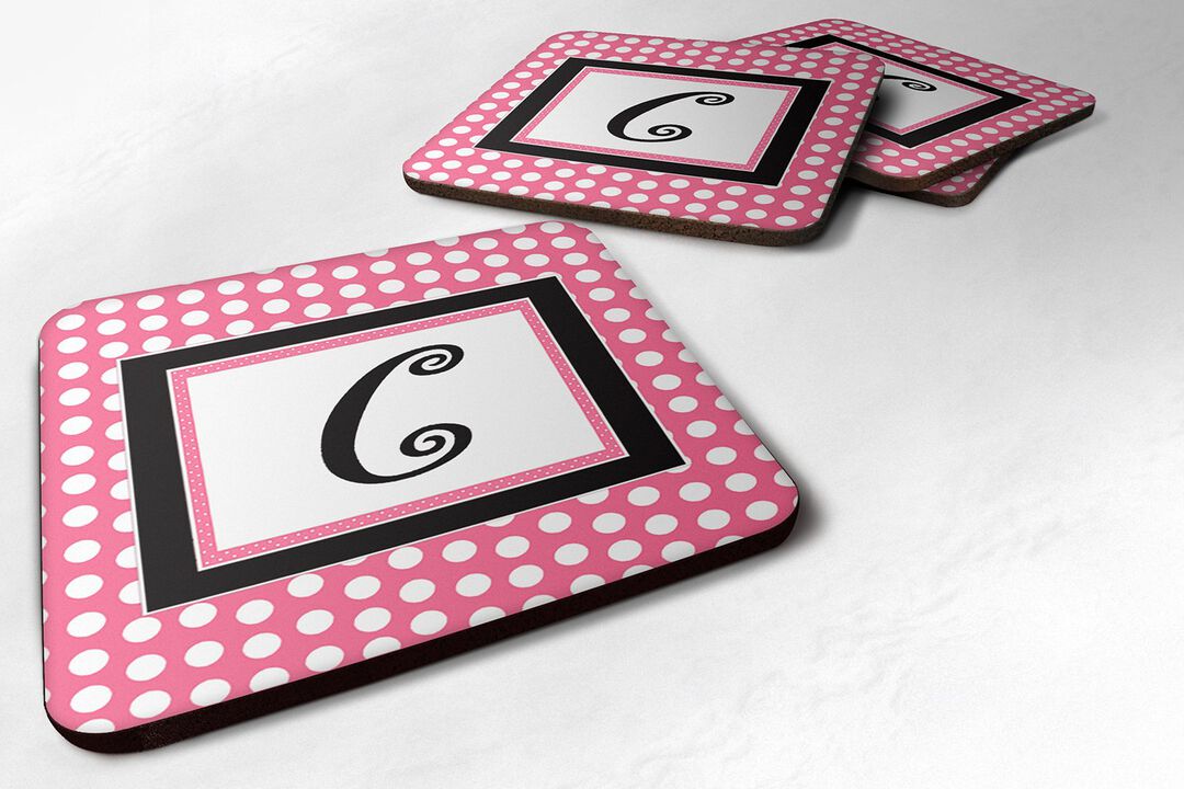 Caroline's Treasures CJ1001-CFC Monogram-Pink Black Polka Dots Foam Coasters (Set of 4), Initial Letter C, 3.5 H x 3.5 W, Multicolor