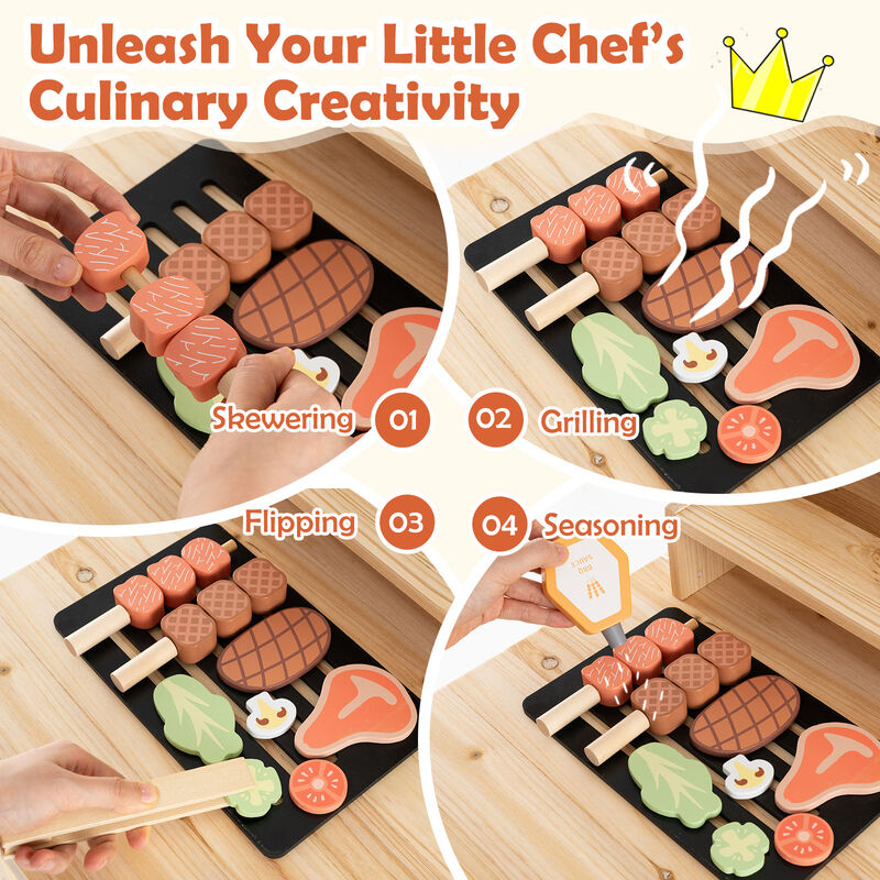 Wooden Barbecue Grill Playset with Play Food and Open Shelves