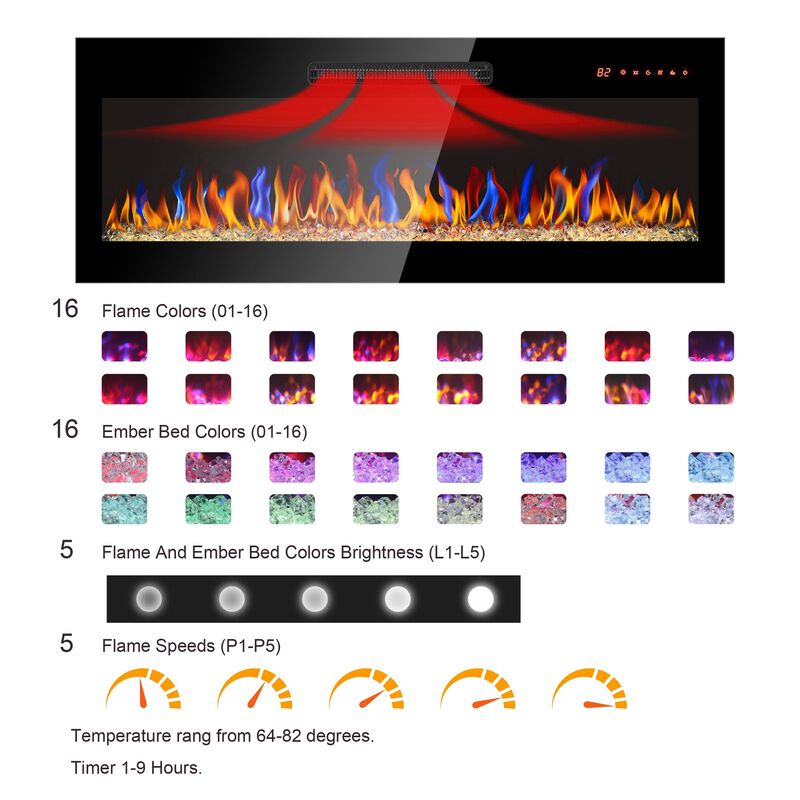 MONDAWE 60 Inch Recessed Ultra Thin Tempered Glass Front Wall Mounted Electric Fireplace With Remote And Multi Color Flame & Emberbed, LED Light Heater