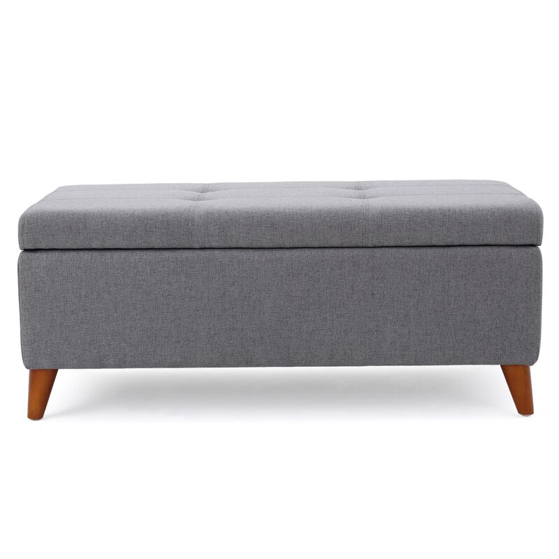Storage Ottoman Bench, Gray Fabric Cushions, Brown Wood Legs, 38 Inch - Benzara