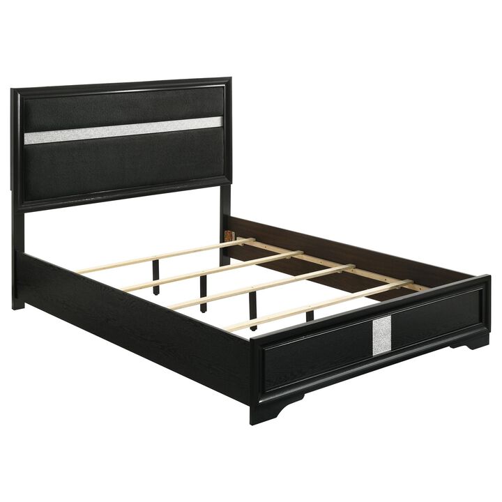 Vino Queen Size Bed, Panel Headboard, Black Upholstery, Glitter Stripe - Benzara