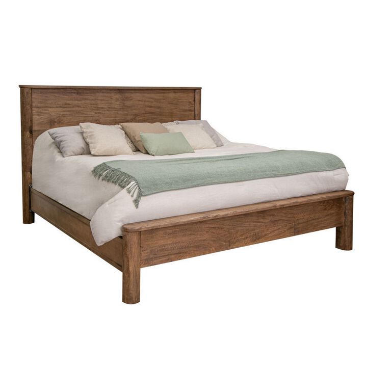 Olum King Size Bed, Mango Wood, Grain Details, Rounded Edges, Rustic Brown - Benzara
