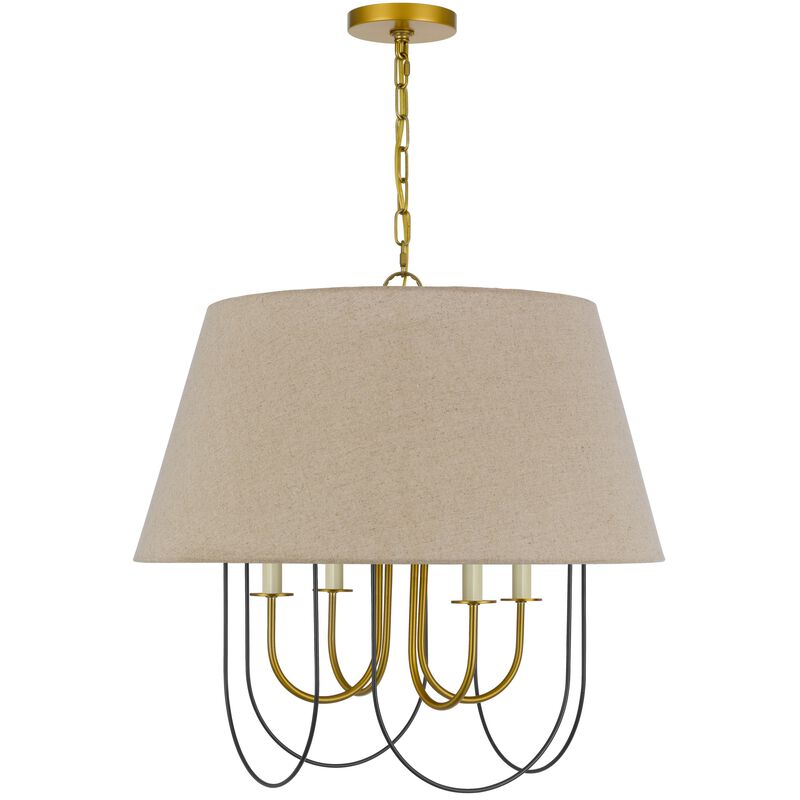 Pomy 24 Inch Chandelier, Hardback Burlap Shade, Gold Black Metal - Benzara