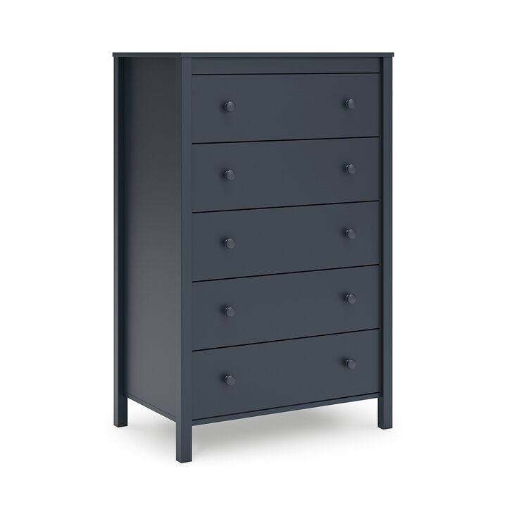 Cian Tall Dresser Chest, 5 Drawers, Knobs, Navy Blue Wood, 50 Inch - Benzara