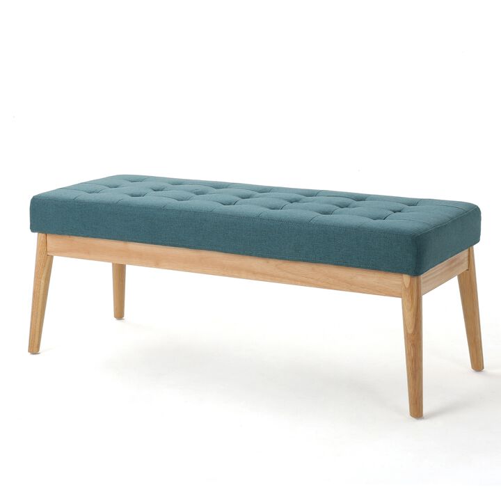 Gisa Ottoman Bench, Teal Blue Fabric Tufted Seat, 44 Inch Brown Wood -Benzara