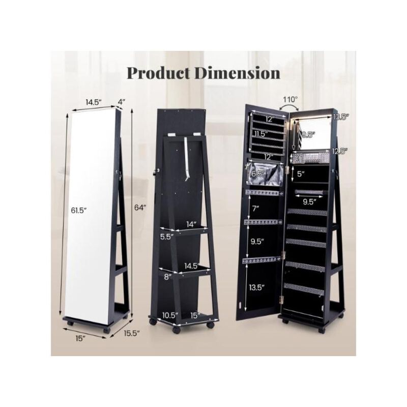 Hivvago 64 Inches Lockable Jewelry Cabinet Armoire with Built-in Makeup Mirror