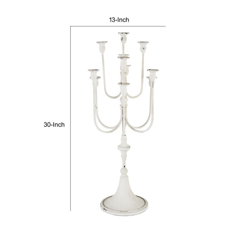 30 Inch Classic 11 Light Candelabra, Curved Arms, White Iron Frame - Benzara
