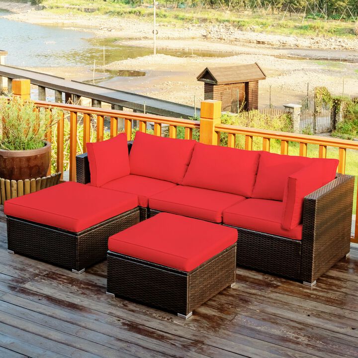 5 Pieces Patio Rattan Sofa Set with Cushion and Ottoman