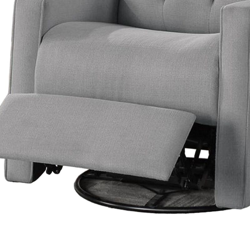 Manie Swivel Glider Manual Recliner, Solid Wood, Classic Gray Burlap - Benzara