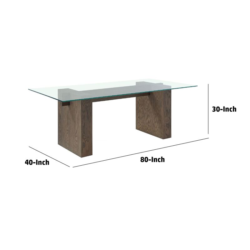 Lan 80 Inch Dining Table, Glass Top, Wood Double Pedestal, 6 Seater, Brown - Benzara