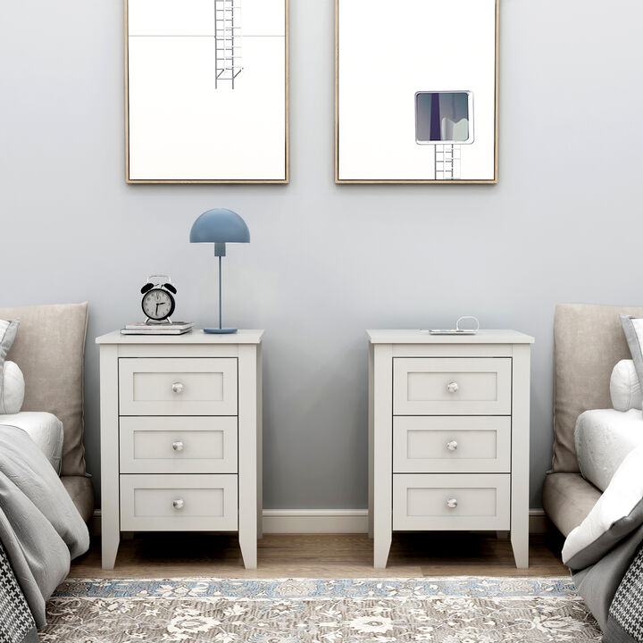Streamdale Modern White 3-Drawer Nightstand with USB Charging