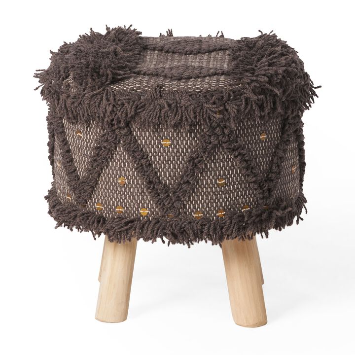 Footstool Ottoman, Handcrafted Boho Design, Brown Woven Seat, Wood - Benzara