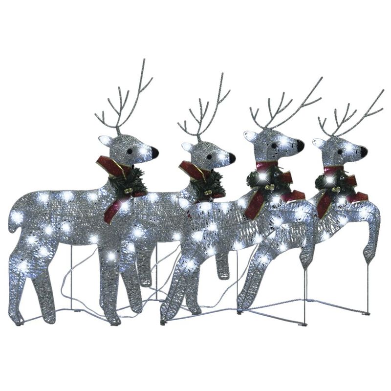 Outdoor 4 Reindeer Christmas Decor, 80 Cool White LEDs, Silver Metal - Benzara