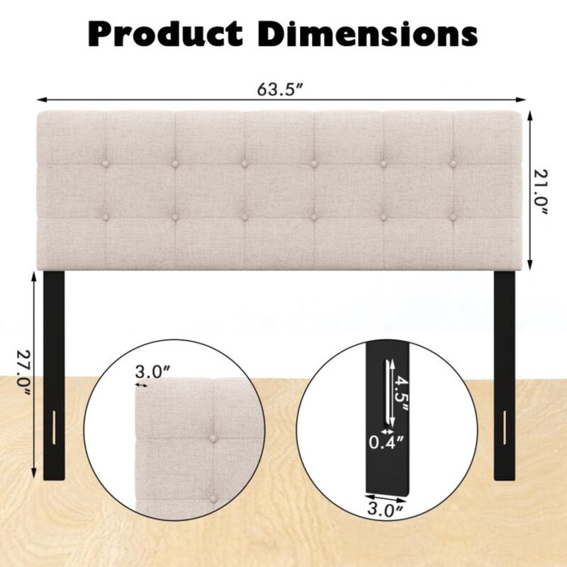Hivvago Linen Upholstered Headboard with Solid Rubber Wood Legs