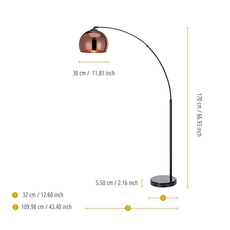 Teamson Home Arquer Arc 66.93" Metal Floor Lamp with Bell Shade, Rose Gold