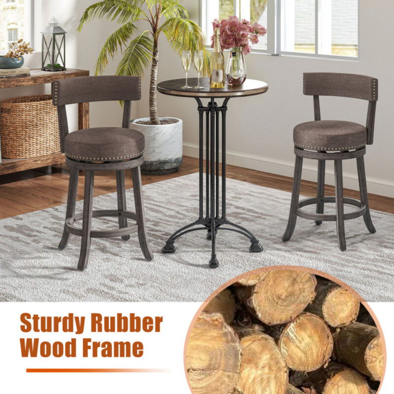 Set of 2 Counter Height Chairs with 360° Swivel Seat and Rubber Wood Frame