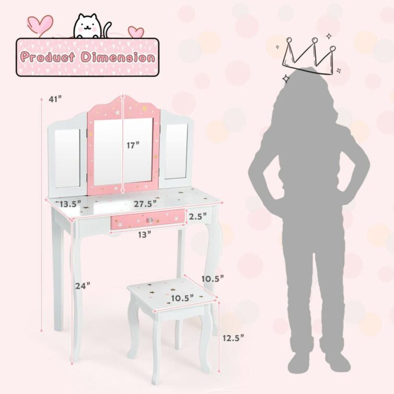 Hivvago Kids Princess Vanity Table and Stool Set with Tri-folding Mirror and Drawer