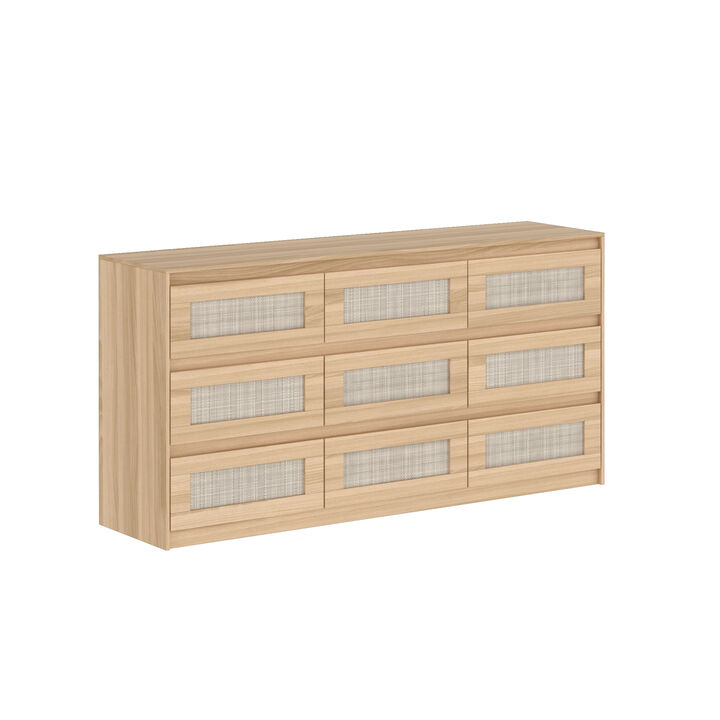 FUFU&GAGA 9-Drawer Dresser with Woven Rattan Panels, Modern Storage Cabinet (62.9" W x 15.7" D x 31.9" H), Brown