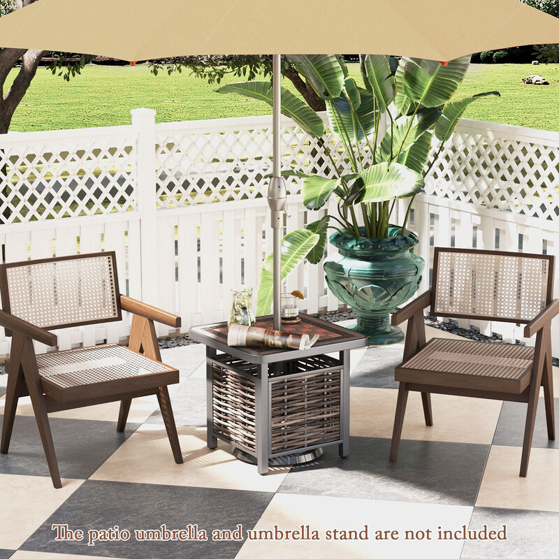 Outdoor PE Rattan Side Table Square End Table with Umbrella Hole