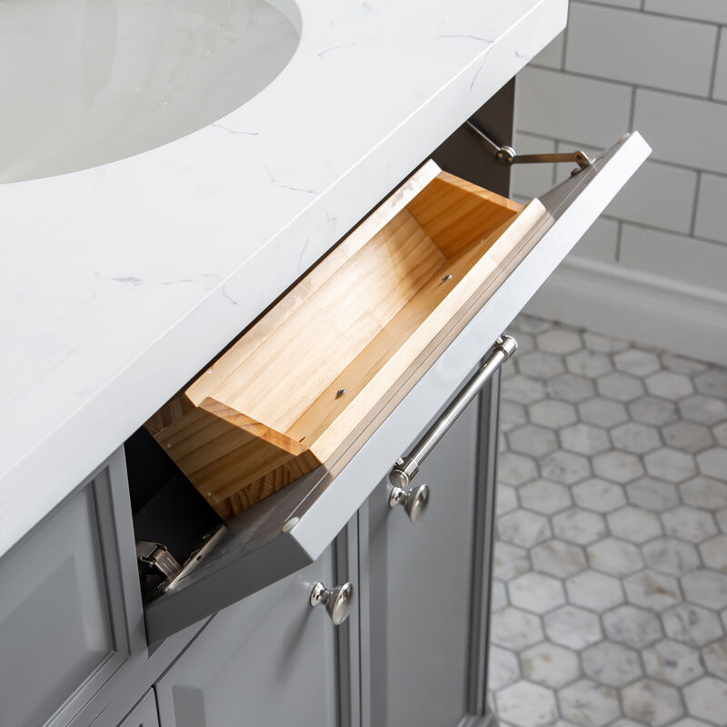 Palace 72 In. Double Sink Carrara Quartz Countertop Bath Vanity in Cashmere Grey with Polished Nickel (PVD) Hardware