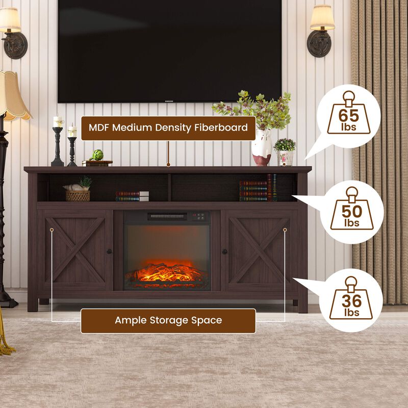 Mondawe 58.23-in W Brown TV Stand with Fan-forced Flat Wall Electric Fireplace with Remote Control Included
