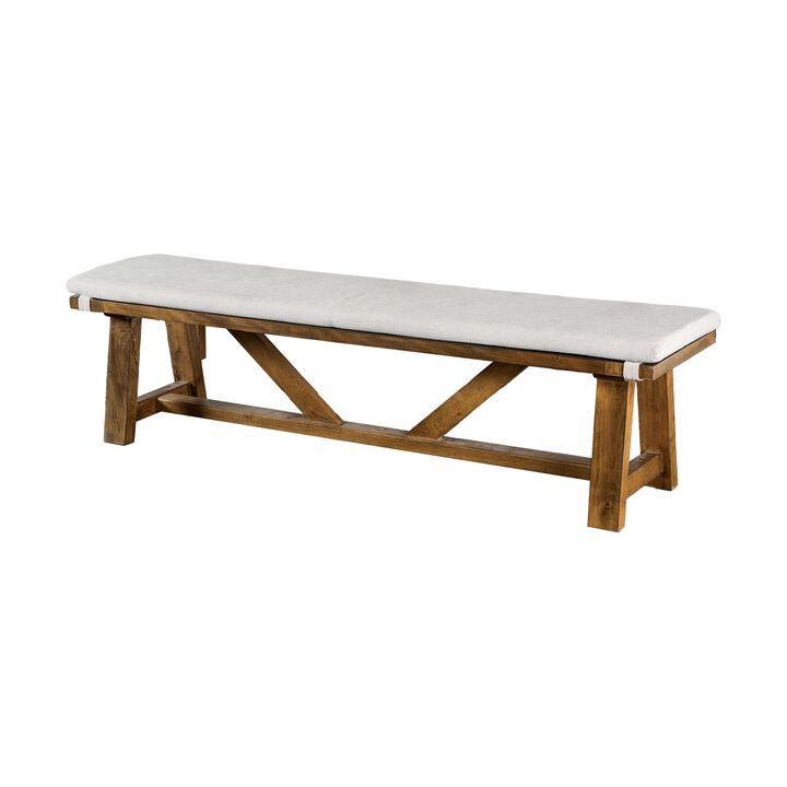Jule Dining Bench, Trestle Base, 69 Inch, Brown Wood with Off White Seat Jule Dining Bench, Trestle Base, 69 Inch, Brown Wood with Off White Seat