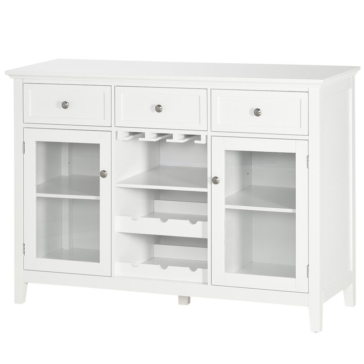HOMCOM Coffee Bar Cabinet with 3 Drawers, 6-Bottle Wine Rack, Stemware Racks, Glass Door, Sideboard Buffet Cabinet, Wine Cabinet, White