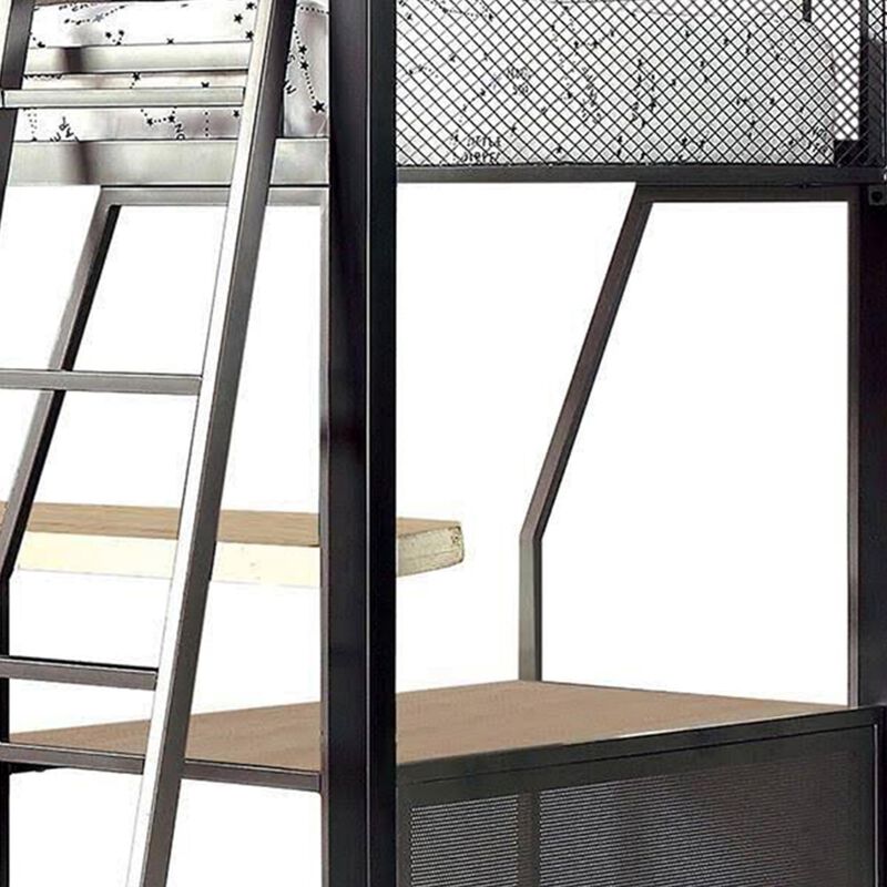 Benjara Triple Twin Size Bunk Beds with Desk and Ladders, Silver Metal Frame