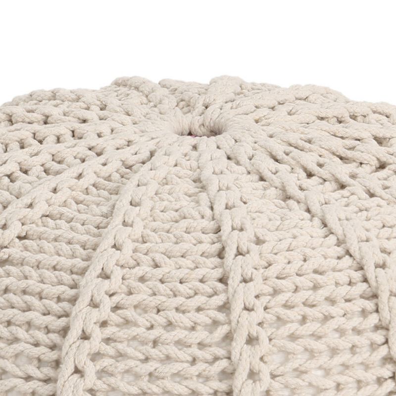 Round Knitted Pouf Ottoman, Handwoven Details, 20 Inch Beige Cotton - Benzara