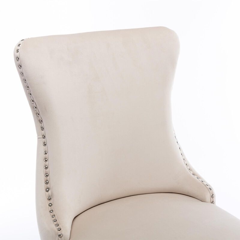Set of 2 Wing-Back Dining Chairs, Backstitching, Nailhead Trim, Solid Wood Legs