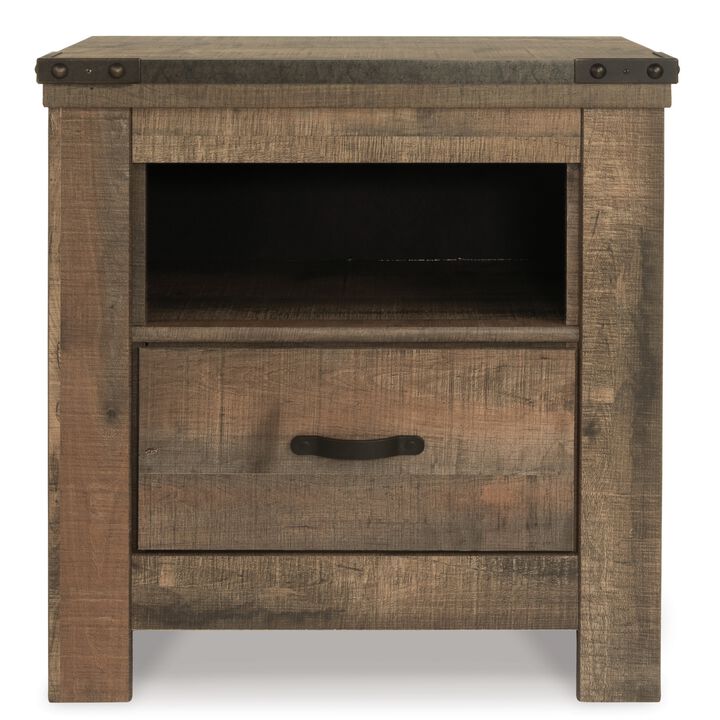Zoey Nightstand w Drawer and Shelf, USB, Rustic Brown Plank Details - Benzara