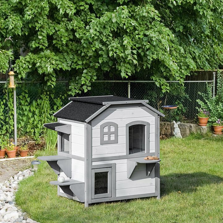 White Outdoor Cat Home: 2-Story Shelter with Escape Door and Platforms