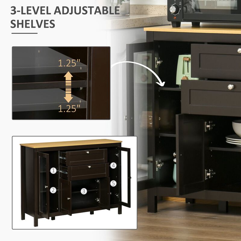 Oak/Dark Brown Sideboard: 47" Modern Buffet with Glass Doors